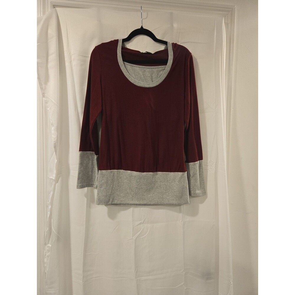 DayDayfun Burgundy and Grey Colorblock Long Sleeve Top